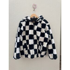Divided Checkerboard Faux Fur Hooded Jacket in Black and White